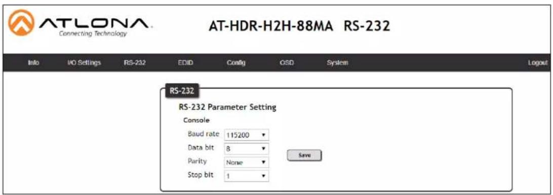 ATLONA Connecting Technology AT-HDR-H2H-88MA RS-232 Info I/O Settings RS-232 EDID Config OSD System Logout RS-232 RS-232 Parameter Setting Console Baud rate 115200 Data bit 8 Parity None Stop bit 1 Save
