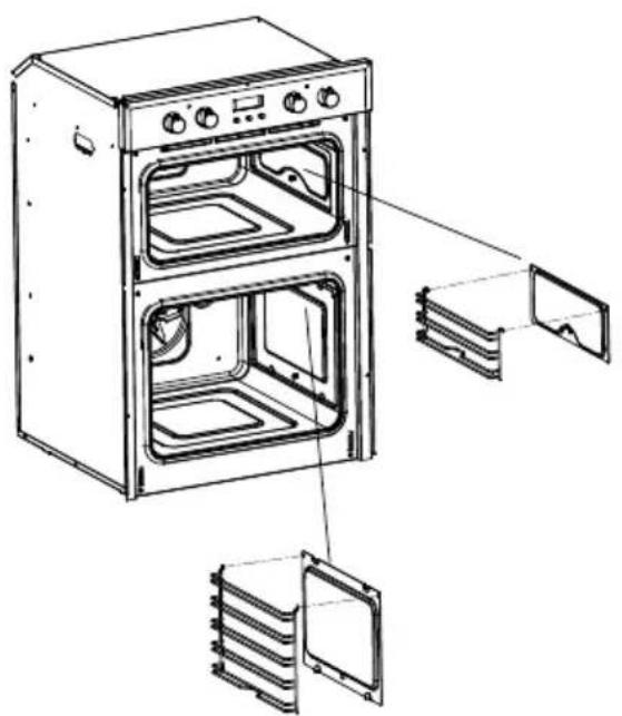 Technical diagram of an oven with labeled internal compartments and doorways