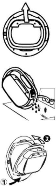 Diagram illustrating three steps of a device or packaging process: opening, pouring liquid into a container, and finally adding a back panel.