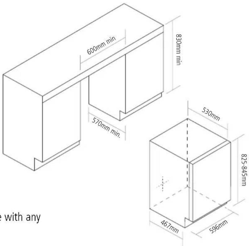 600mm min 570mm min 830mm min 530mm 825-845mm 467mm 596mm with any