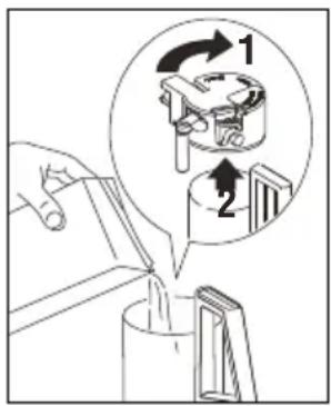 Diagram illustrating a mechanical process with labeled steps 1 and 2, showing fluid flow from a container to a bottle.
