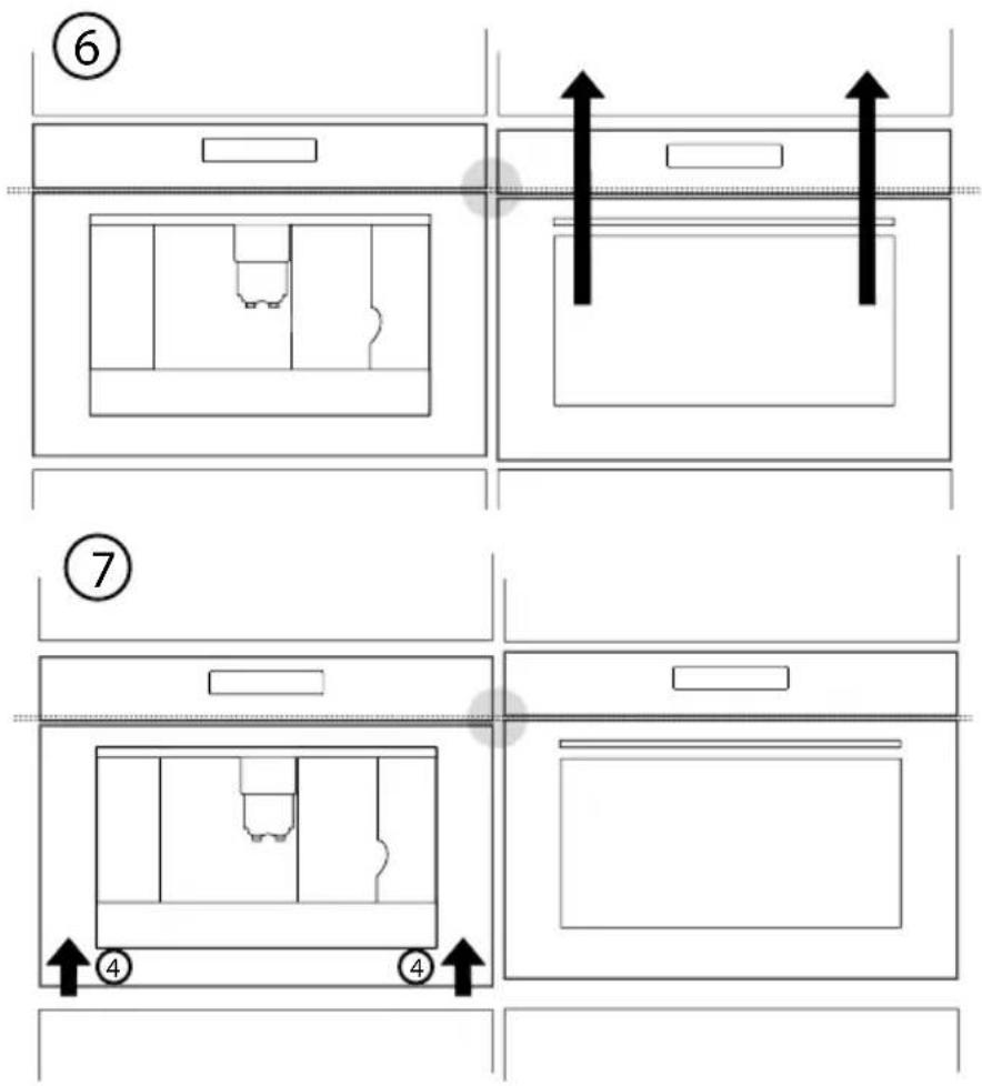 Diagram showing two steps of a kitchen appliance opening with labeled parts and directional arrows indicating movement.