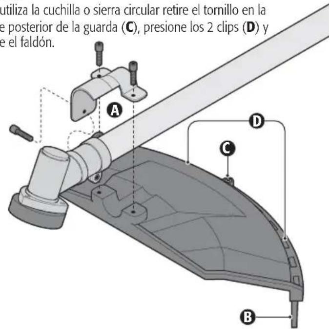 utiliza la cuchilla o sierra circular retire el tornillo en la e posterior de la guarda (C), presione los 2 clips (D) y e el faldón. A B C D