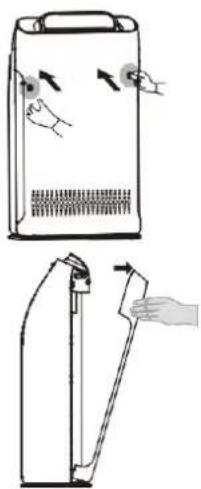 Diagram illustrating a hand holding a device with directional arrows and a close-up of its handle, likely illustrating a manual or mechanical process.