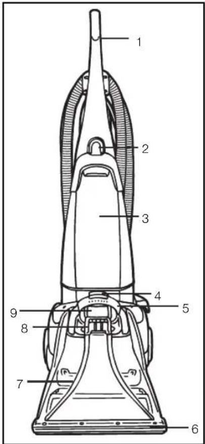 Labeled diagram of a vacuum cleaner with numbered parts for identification