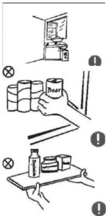Illustration showing three steps of food preparation: slicing refrigerator, handling a beer can, and serving a bottle on a tray.
