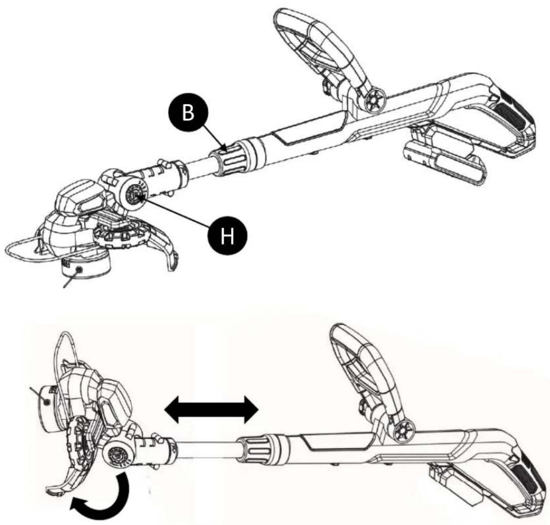 Technical diagram of a robotic arm with labeled parts B and H, showing mechanical assembly and rotation direction.