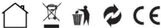 Image displaying five distinct symbols: a house, a crossed-out box, a person in a basket, a recycling symbol, and a CE license.