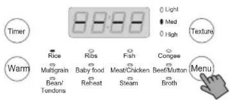 Timer Warm Rice Multigrain Bean/Tendons Ribs Baby food Reheat Fish Meat/Chicken Steam Congee Beef/Mutton Broth Light Med High Texture Menu