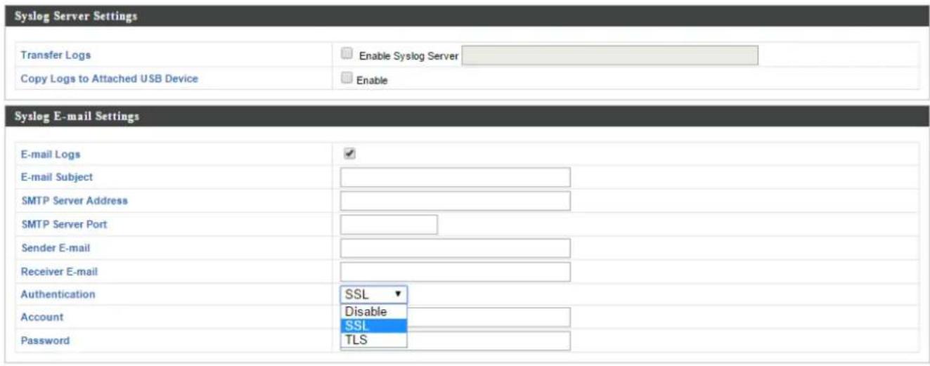 Syslog Server Settings Transfer Logs Enable Syslog Server Copy Logs to Attached USB Device Enable Syslog E-mail Settings E-mail Logs ✓ E-mail Subject SMTP Server Address SMTP Server Port Sender E-mail Receiver E-mail Authentication SSL Disable SSL Password TLS