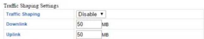 Traffic Shaping Settings Traffic Shaping Disable ▼ Downlink 50 MB Uplink 50 MB