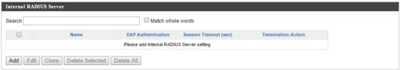 Internal RADIUS Server Search Match whole words Name EAP Authentication Session Timeout (sec) Termination-Action Please add Internal RADIUS Server setting Add Edit Clone Delete Selected Delete All