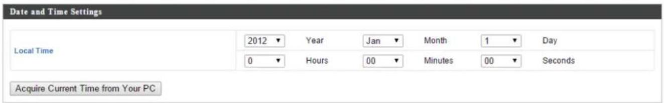 Date and Time Settings Local Time 2012 ▼ Year Jan Month 1 ▼ Day 0 ▼ Hours 00 ▼ Minutes 00 ▼ Seconds Acquire Current Time from Your PC