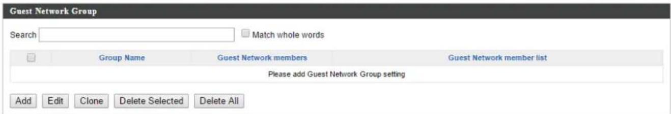 Guest Network Group Search Match whole words Group Name Guest Network members Guest Network member list Please add Guest Network Group setting Add Edit Clone Delete Selected Delete All