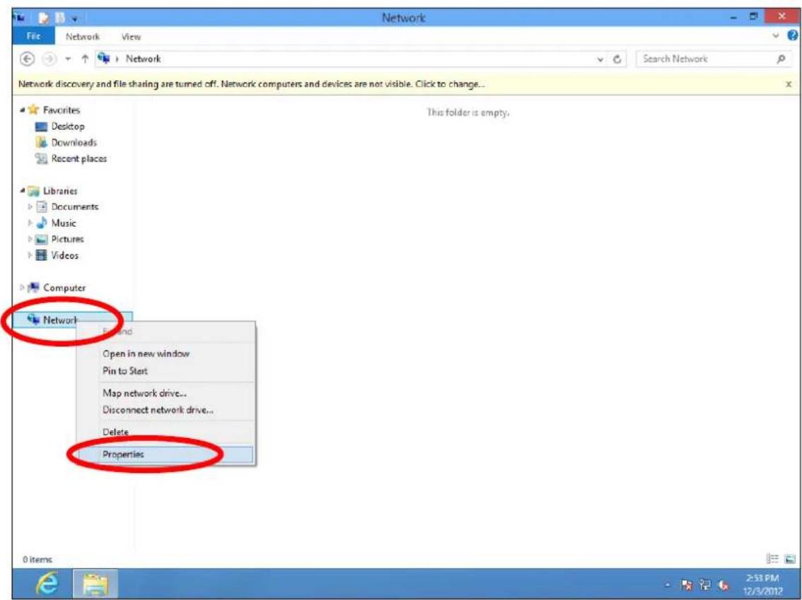 Network File Network View Network Search Network Network discovery and file sharing are turned off. Network computers and devices are not visible. Click to change... Favorites Desktop Downloads Recent places Libraries Documents Music Pictures Videos Computer Network Find Open in new window Pin to Start Map network drive... Disconnect network drive... Delete Properties This folder is empty. 0 items 2:53 PM 12/3/2012