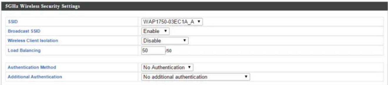 5GHz Wireless Security Settings SSID WAP1750-03EC1A_A Broadcast SSID Enable Wireless Client Isolation Disable Load Balancing 50 /50 Authentication Method No Authentication Additional Authentication No additional authentication