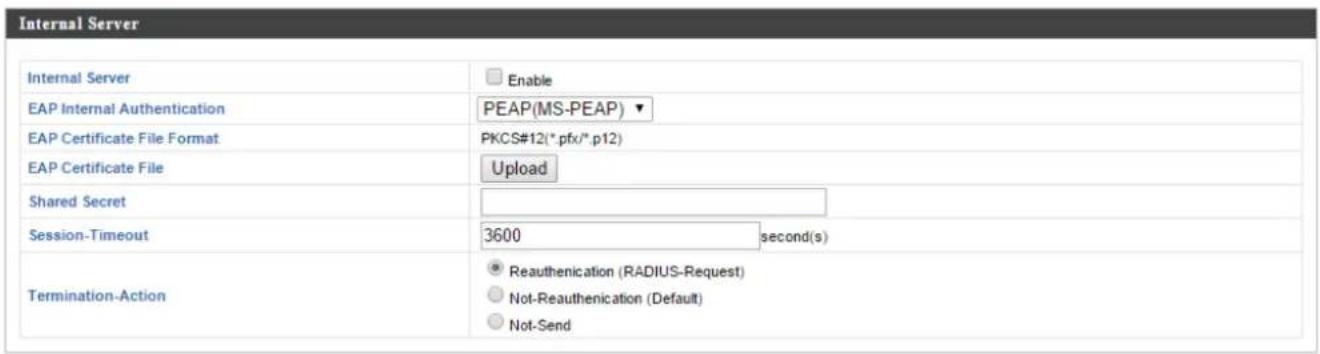 Internal Server Internal Server Enable EAP Internal Authentication PEAP(MS-PEAP) EAP Certificate File Format PKCS#12(*.pfx/*.p12) EAP Certificate File Upload Shared Secret Session-Timeout 3600 second(s) Termination-Action Reauthentication (RADIUS-Request) Not-Reauthentication (Default) Not-Send