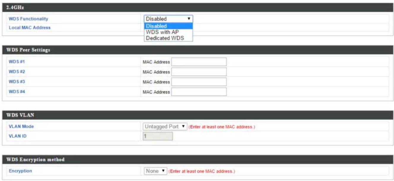 2.4GHz WDS Functionality Local MAC Address Disabled Disabled WDS with AP Dedicated WDS WDS Peer Settings WDS #1 MAC Address WDS #2 MAC Address WDS #3 MAC Address WDS #4 MAC Address WDS VLAN VLAN Mode Untagged Port ▼ (Enter at least one MAC address.) VLAN ID 1 WDS Encryption method Encryption None ▼ (Enter at least one MAC address.)