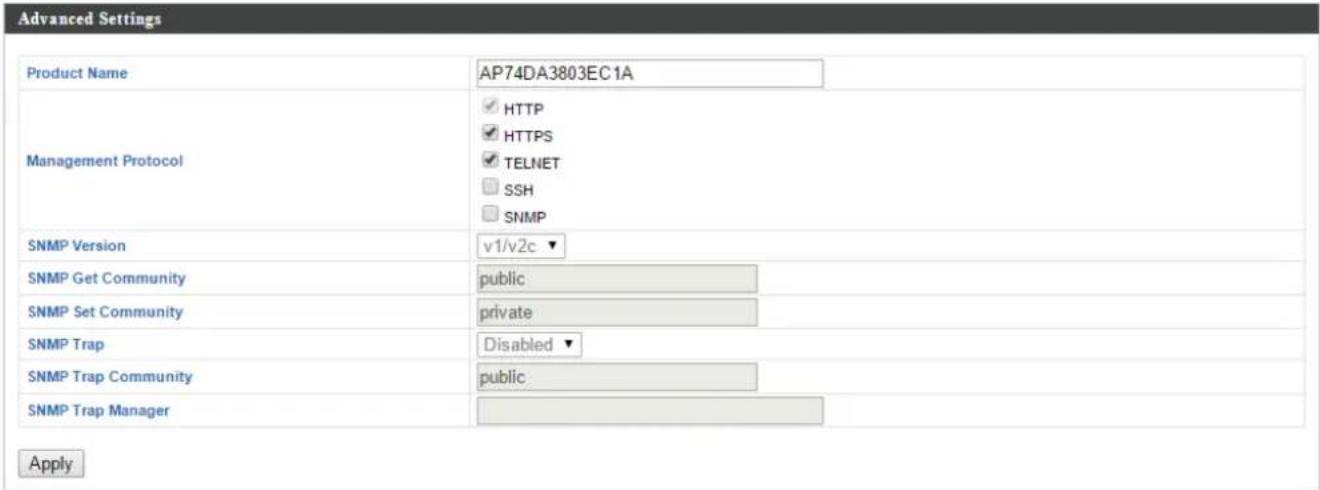 Advanced Settings Product Name AP74DA3803EC1A Management Protocol ✓ HTTP ✓ HTTPS ✓ TELNET ☐ SSH ☐ SNMP SNMP Version v1/v2c ▼ SNMP Get Community public SNMP Set Community private SNMP Trap Disabled ▼ SNMP Trap Community public SNMP Trap Manager Apply