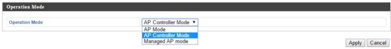 Operation Mode Operation Mode AP Controller Mode ▼ AP Mode AP Controller Mode Managed AP mode Apply Cancel