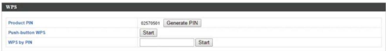 WPS Product PIN 02570501 Generate PIN Push-button WPS Start WPS by PIN Start