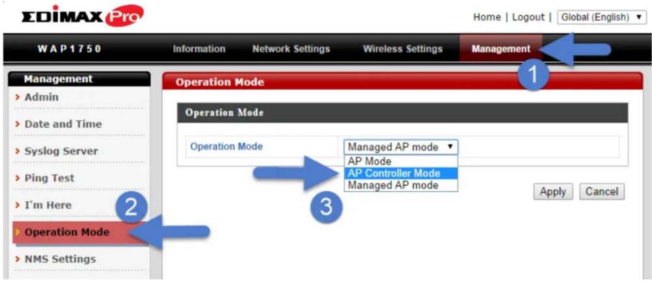 EDiMAX Pro Home | Logout | Global (English) W A P 1 7 5 0 Information Network Settings Wireless Settings Management Management > Admin > Date and Time > Syslog Server > Ping Test > I'm Here > Operation Mode > NMS Settings Operation Mode Operation Mode Operation Mode Managed AP mode ▼ AP Mode AP Controller Mode Managed AP mode Apply Cancel