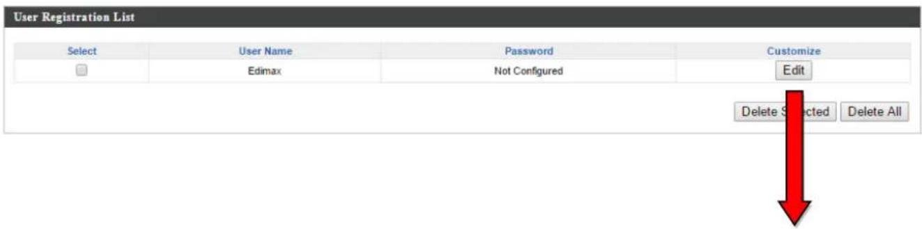 User Registration List Select User Name Password Customize Edimax Not Configured Edit Delete Selected Delete All