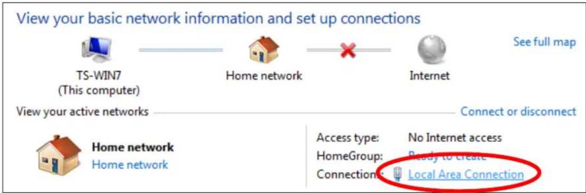 View your basic network information and set up connections TS-WIN7 (This computer) Home network × Internet See full map View your active networks Connect or disconnect Home network Home network Access type: No Internet access HomeGroup: Ready to create Connections: Local Area Connection