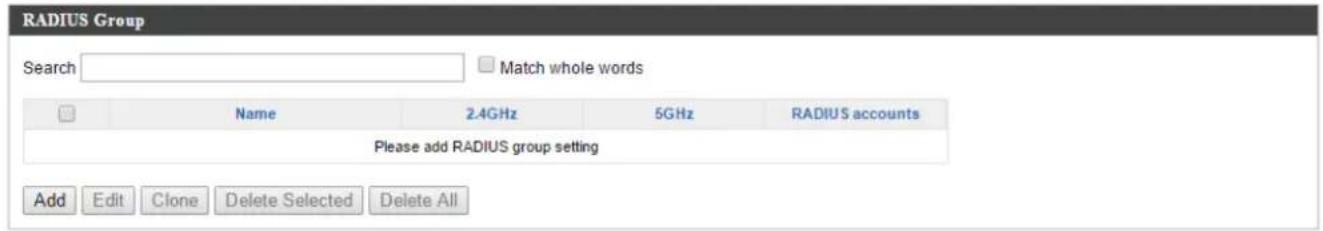 RADIUS Group Search Match whole words Name 2.4GHz 5GHz RADIUS accounts Please add RADIUS group setting Add Edit Clone Delete Selected Delete All
