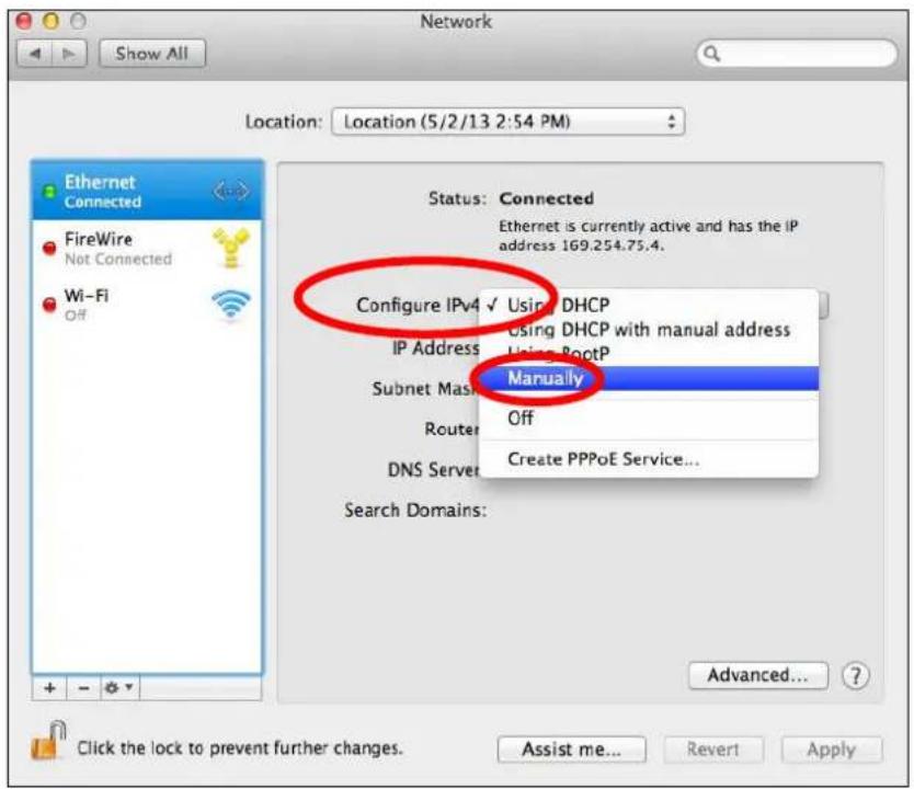 Network Show All Location: Location (5/2/13 2:54 PM) Ethernet Connected FireWire Not Connected Wi-Fi Off Status: Connected Ethernet is currently active and has the IP address 169.254.75.4. Configure IPv4 √ Using DHCP IP Address: Using RootP Subnet Mask: Manually Router: Off DNS Server: Create PPPoE Service... Search Domains: Advanced... Click the lock to prevent further changes. Assist me... Revert Apply