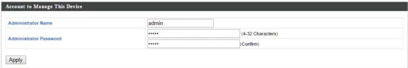 Account to Manage This Device Administrator Name admin Administrator Password **** (4-32 Characters) ***** (Confirm) Apply