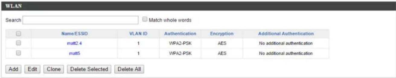 WLAN Search Match whole words Name/ESSID VLAN ID Authentication Encryption Additional Authentication matt2.4 1 WPA2-PSK AES No additional authentication matt5 1 WPA2-PSK AES No additional authentication Add Edit Clone Delete Selected Delete All