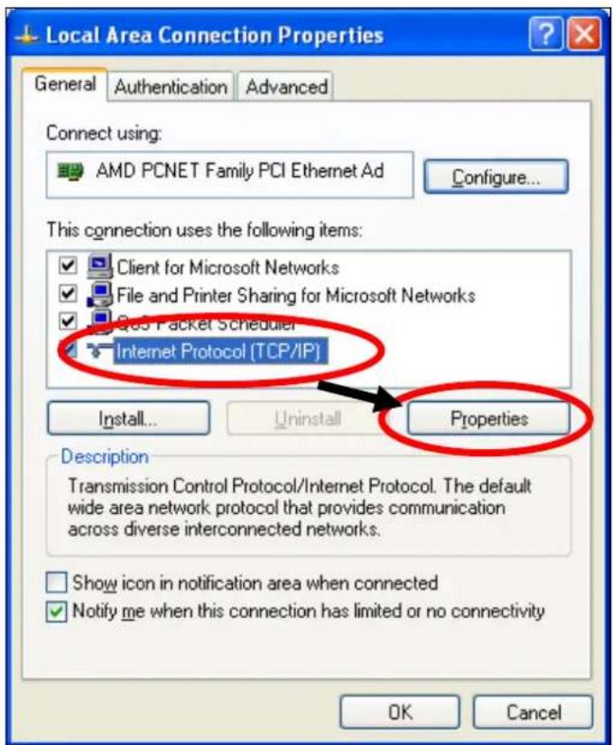 Local Area Connection Properties General Authentication Advanced Connect using: AMD PCNET Family PCI Ethernet Ad Configure... This connection uses the following items: Client for Microsoft Networks File and Printer Sharing for Microsoft Networks QQ3 Packet Scheduler Internet Protocol (TCP/IP) Install... Uninstall Properties Description Transmission Control Protocol/Internet Protocol. The default wide area network protocol that provides communication across diverse interconnected networks. Show icon in notification area when connected Notify me when this connection has limited or no connectivity OK Cancel