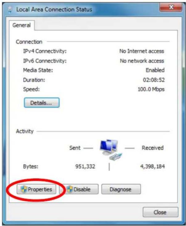 Local Area Connection Status General Connection IPv4 Connectivity: No Internet access IPv6 Connectivity: No network access Media State: Enabled Duration: 02:08:52 Speed: 100.0 Mbps Details... Activity Sent — Received Bytes: 951,332 | 4,398,184 Properties Disable Diagnose Close