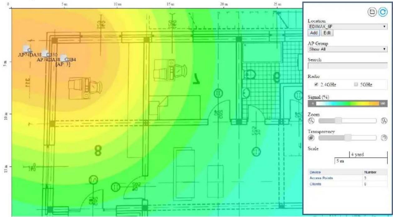 AP74DA38_C530 AP74DAJ8_C0B4 [AP: 3] 10 m 15 m 20 m 25 m 0 5 m 10 m 15 m 20 m 25 m Location EDIMAX_5F Add Edit AP Group Show All Search Radio 2.4GHz 5GHz Signal (%) Zoom Transparency Scale 4 yard 5 m Device Number Access Points 3 Clients 0