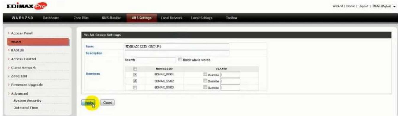 XOIMAX Pro WA P 1 7 5 0 Dashboard Zone Plan NMS Monitor IIMS Settings Local Network Local Settings Toolbox WLAN Group Settings Name EDIMAX_SSD_GROUP1 Description Search Match whole words Members Name:ESSD0 VLAN ID ✓ EDMAX_SSD1 Overwrite: ✓ EDMAX_SSD2 Overwrite: ✓ EDMAX_SSD3 Overwrite: Apply Cancel