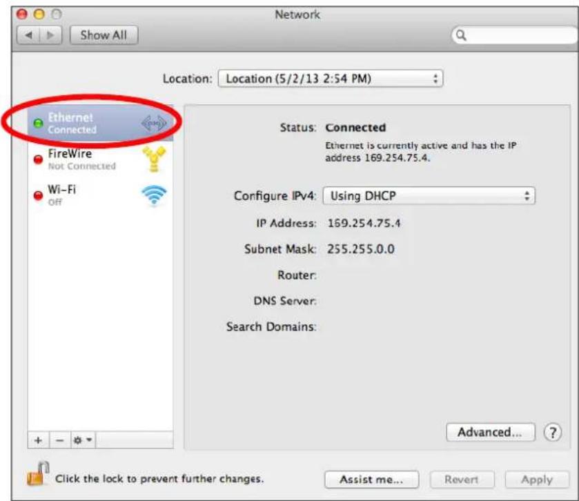 Network Show All Location: Location (5/2/13 2:54 PM) Ethernet Connected FireWire Not Connected Wi-Fi Off Status: Connected Ethernet is currently active and has the IP address 169.254.75.4. Configure IPv4: Using DHCP IP Address: 169.254.75.4 Subnet Mask: 255.255.0.0 Router: DNS Server: Search Domains: Advanced... Click the lock to prevent further changes. Assist me... Revert Apply