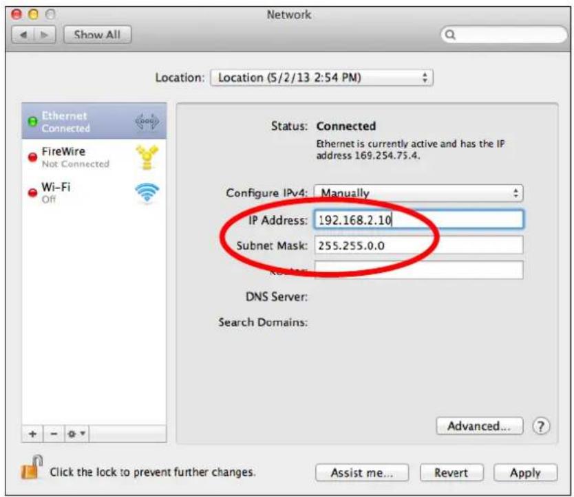 Network Show All Location: Location (5/2/13 2:54 PM) Ethernet Connected FireWire Not Connected Wi-Fi Off Status: Connected Ethernet is currently active and has the IP address 169.254.75.4. Configure IPv4: Manually IP Address: 192.168.2.10 Subnet Mask: 255.255.0.0 DNS Server: Search Domains: Advanced... Click the lock to prevent further changes. Assist me... Revert Apply