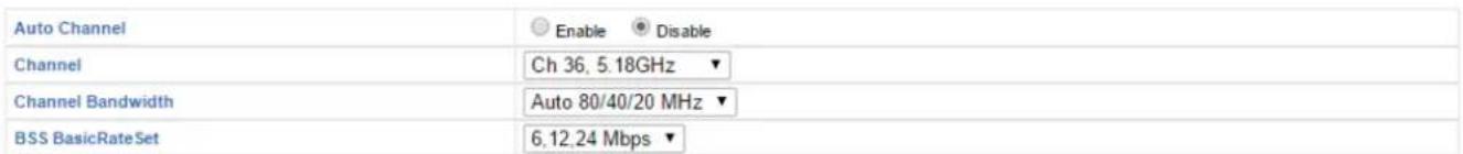 Auto Channel Enable Disable Channel Ch 36, 5.18GHz Channel Bandwidth Auto 80/40/20 MHz BSS BasicRateSet 6.12.24 Mbps