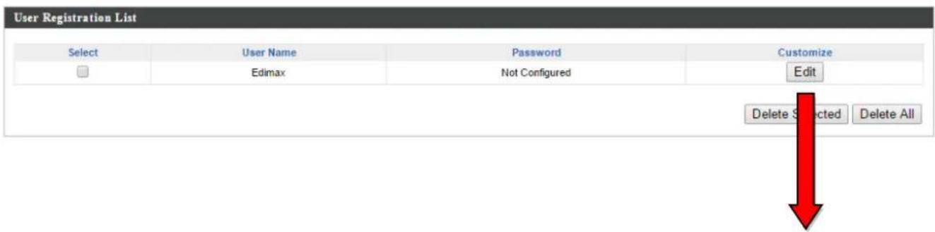 User Registration List Select User Name Password Customize Edimax Not Configured Edit Delete Selected Delete All