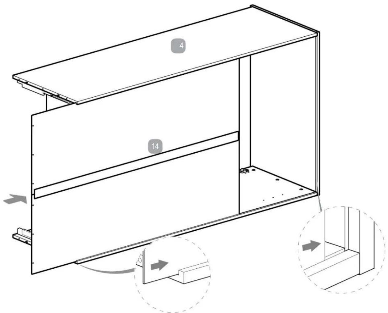 Technical diagram of a multi-level cabinet or enclosure with numbered components and directional arrows indicating assembly or movement.