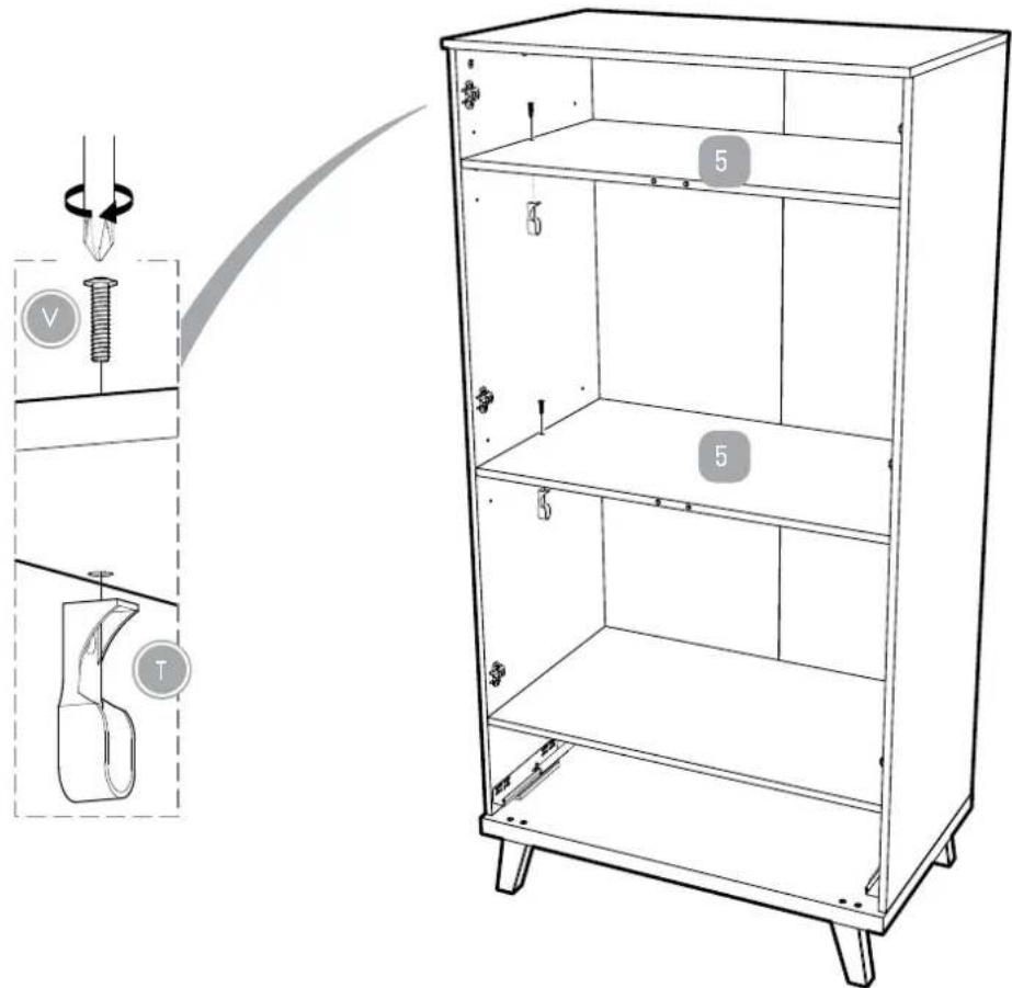 Technical diagram of a two-tiered shelf cabinet with labeled parts and assembly instructions
