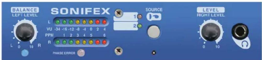BALANCE LEFT LEVEL SONIFEX L VU -34 -16 -12 -8 -4 0 2 4 PPM 1 2 3 4 5 6 R PHASE ERROR SOURCE 1 2 LEVEL RIGHT LEVEL 0 10