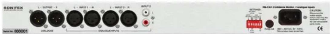 BONIFEX L - OUTPUT - 1 L - INPUT 1 - R L - INPUT 2 - R INPUT 2 ANALOCE ANALOCE INPUTS R-CA2: Confidence Motor, 2 analogue Inputs SETTING RUN 54 FLU 0.01 800 - 364VDC 47 - 43Hz CAUTION: Disordered the mater-capte before opening for inpatient covers. No case requires parts only. Serial No. 600001 CE
