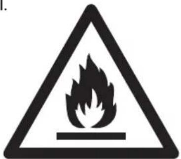 Warning sign depicting a flame symbol in a triangular frame, indicating hazard or caution.