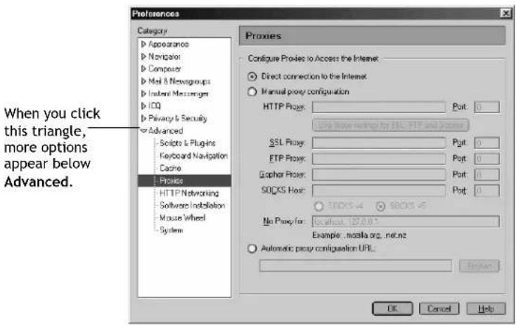 Preferences Category Appearance Nonlinear Computer Mail & Newsgroups Inletai Messages IDQ Privacy & Security Advanced Scripts & Plugins Keyboard Navigation Cache Prices HTTP Networking Software Installation Mouse Wheel System Proxies Configure Proxies to Access the Internet Direct connection to the Internet Manual proxy configuration HTTP Proxy: Port: 0 Use new routing for SSL FTP and access SSL Proxy: Port: 0 FTP Proxy: Port: 0 Gopher Proxy: Port: 0 SOCKS Proxy: Port: 0 No Proxy for: Example .modia.org .net.nz Automatic proxy configuration URL: OK Cancel Help When you click this triangle, more options appear below Advanced.