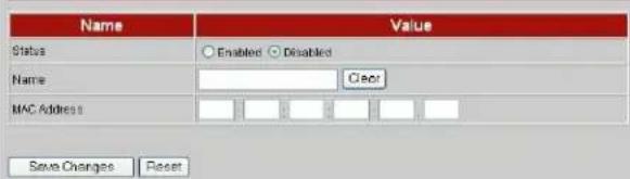 Name Value Status Enabled Disabled Name Clear MAC Address Save Changes Reset