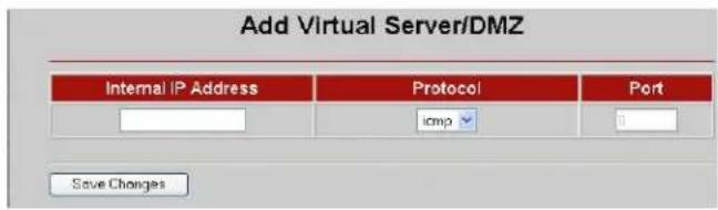 Add Virtual Server/DMZ Internal IP Address Protocol Port icmp Save Changes