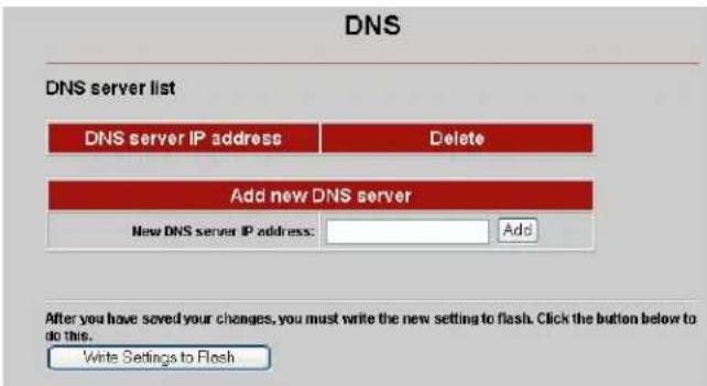 DNS DNS server list DNS server IP address Delete Add new DNS server New DNS server IP address: Add After you have saved your changes, you must write the new setting to flash. Click the button below to do this. Write Settings to Flash