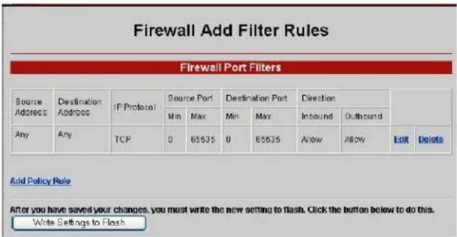 Firewall Add Filter Rules Firewall Port Filters Source Address Destination Address IP Protocol Source Port Destination Port Direction Min Max Min Max Inbound Outbound Any Any TCP 0 65635 0 65635 Allow Allow Edit Delete Add Policy Rule After you have saved your changes, you must write the new setting to flash. Click the button below to do this. Write Settings to Flash